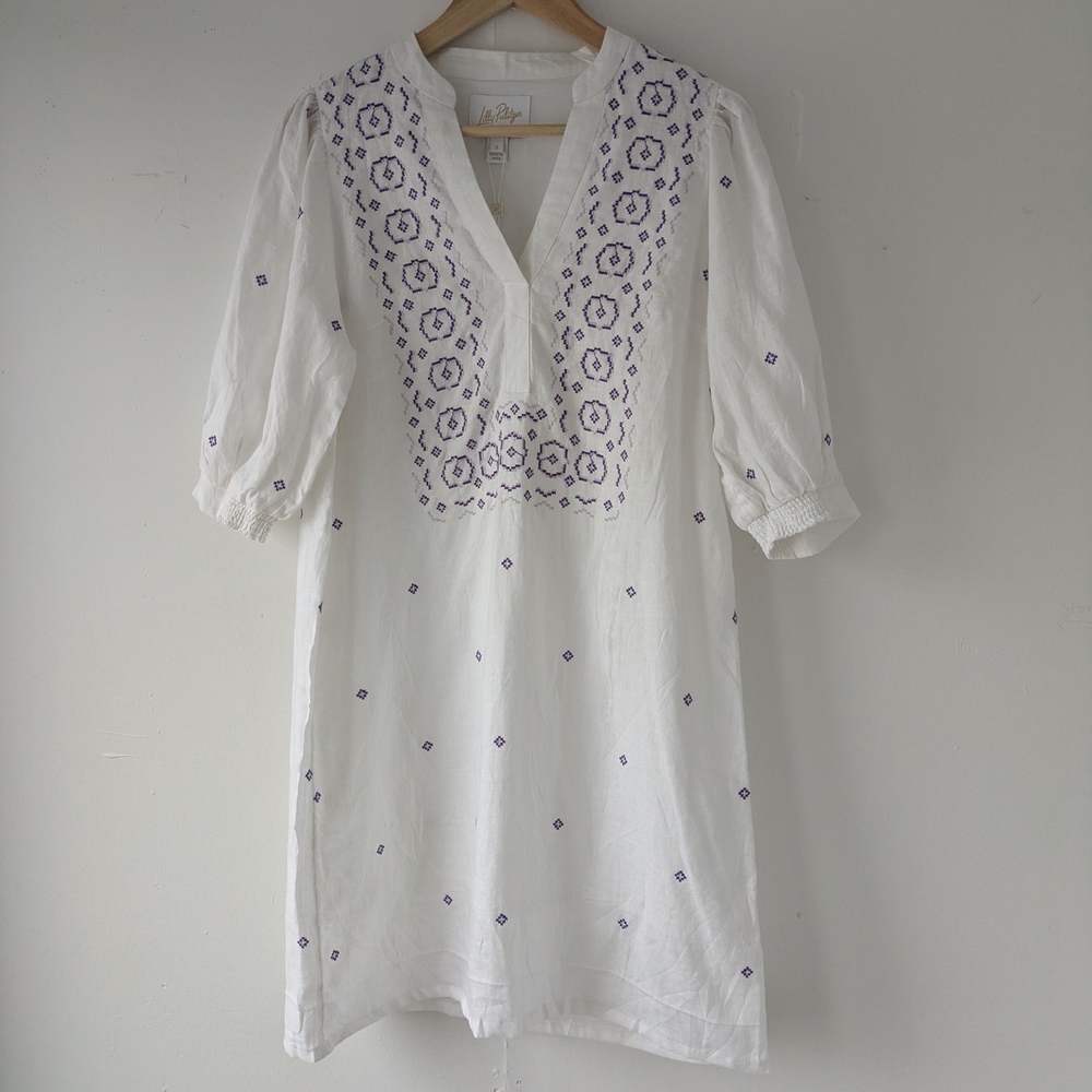 Lilly Pulitzer Mialeigh White Linen Dress with Purple Embroidery NWT